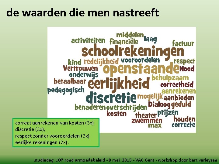 de waarden die men nastreeft correct aanrekenen van kosten (3 x) discretie (3 x),