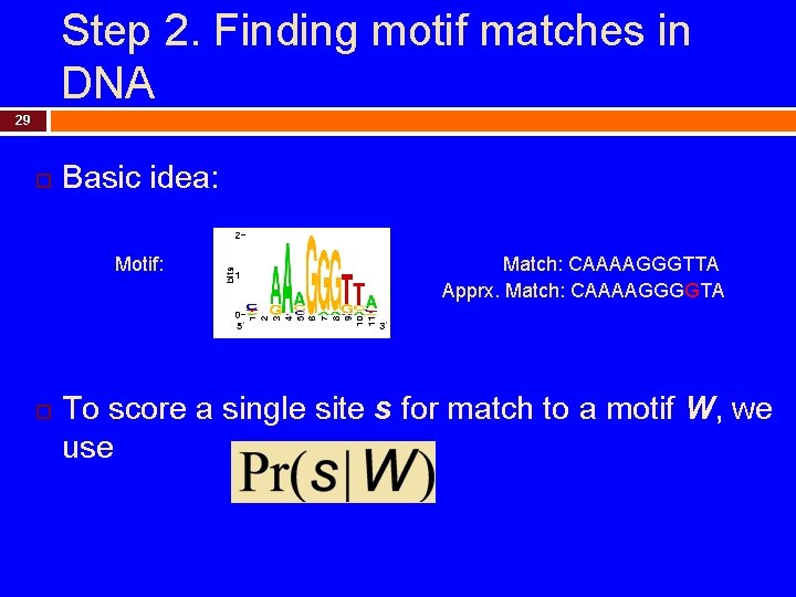 Step 2. Finding motif matches in DNA 29 Basic idea: Motif: Match: CAAAAGGGTTA Apprx.