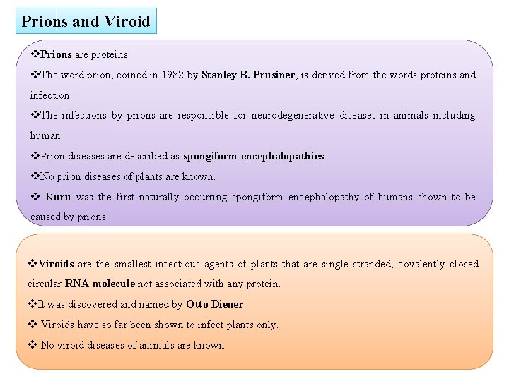 Prions and Viroid v. Prions are proteins. v. The word prion, coined in 1982