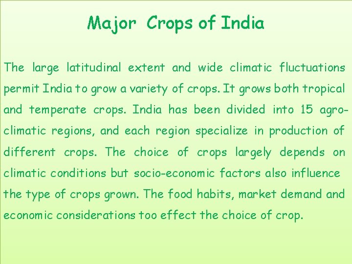 Major Crops of India The large latitudinal extent and wide climatic fluctuations permit India