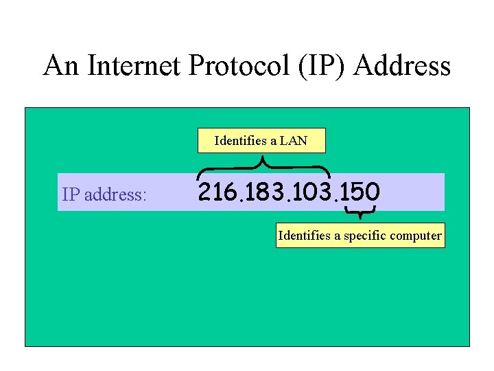An Internet Protocol (IP) Address Identifies a LAN IP address: 216. 183. 103. 150