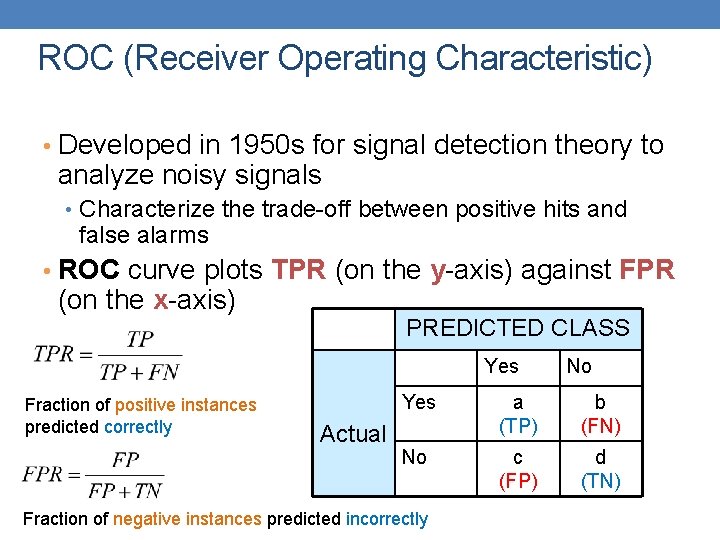 ROC (Receiver Operating Characteristic) • Developed in 1950 s for signal detection theory to