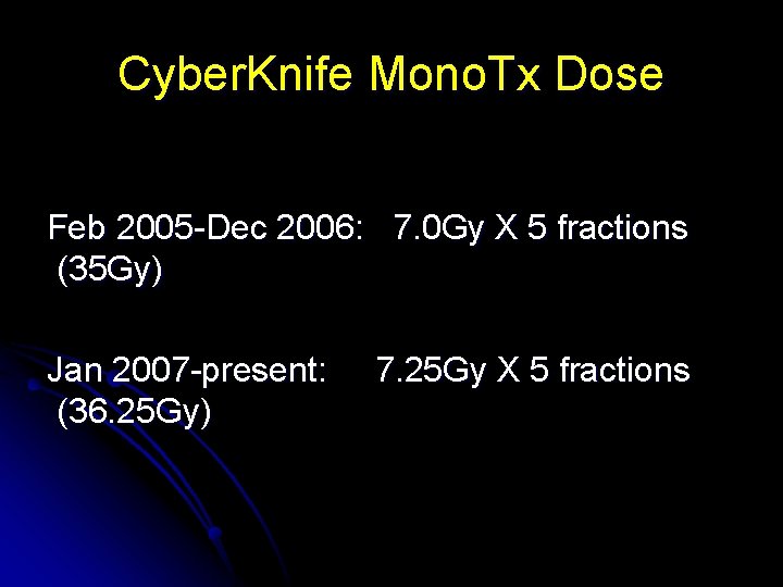 Cyber. Knife Mono. Tx Dose Feb 2005 -Dec 2006: 7. 0 Gy X 5