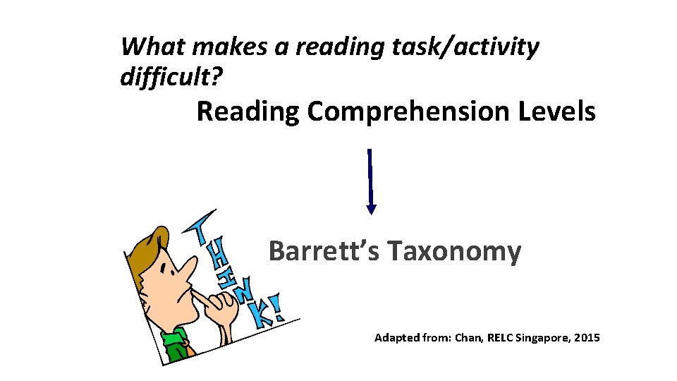 What makes a reading task/activity difficult? Reading Comprehension Levels Barrett’s Taxonomy Adapted from: Chan,