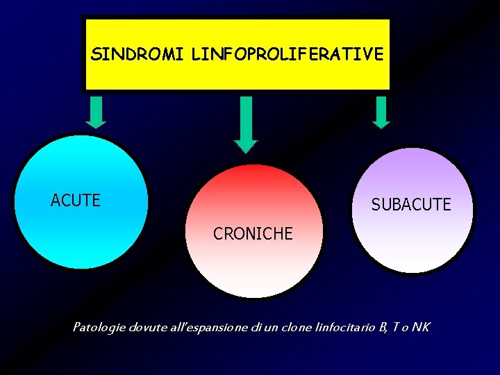 SINDROMI LINFOPROLIFERATIVE ACUTE SUBACUTE CRONICHE Patologie dovute all’espansione di un clone linfocitario B, T