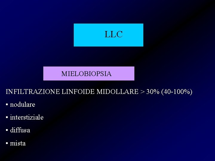 LLC MIELOBIOPSIA INFILTRAZIONE LINFOIDE MIDOLLARE > 30% (40 -100%) • nodulare • interstiziale •