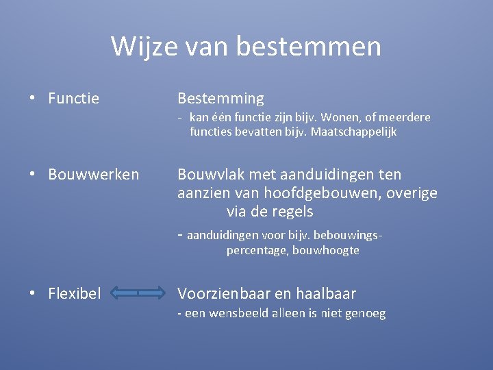 Wijze van bestemmen • Functie Bestemming - kan één functie zijn bijv. Wonen, of