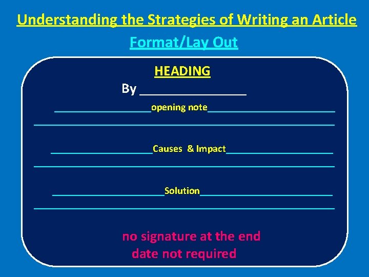 Understanding the Strategies of Writing an Article Format/Lay Out HEADING By ___________________opening note______________________________Causes &