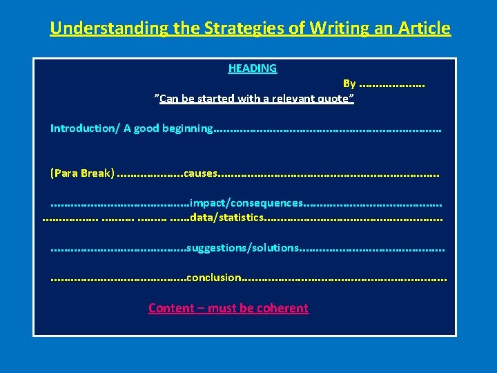 Understanding the Strategies of Writing an Article HEADING By. . . . . ”Can