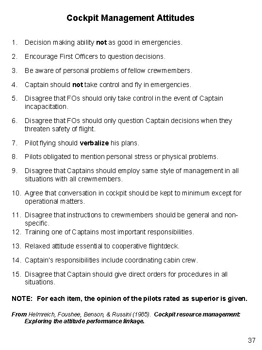 Cockpit Management Attitudes 1. Decision making ability not as good in emergencies. 2. Encourage