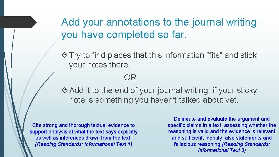 Add your annotations to the journal writing you have completed so far. Try to