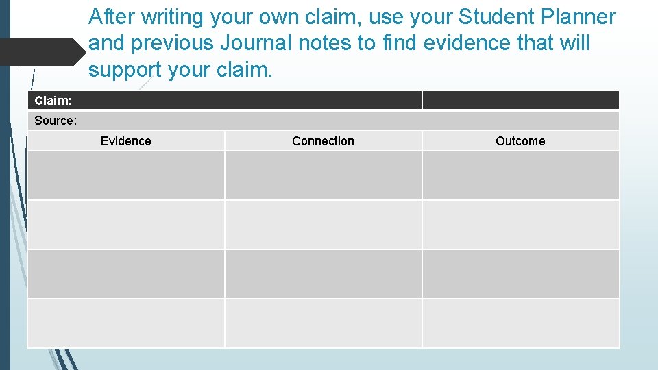After writing your own claim, use your Student Planner and previous Journal notes to