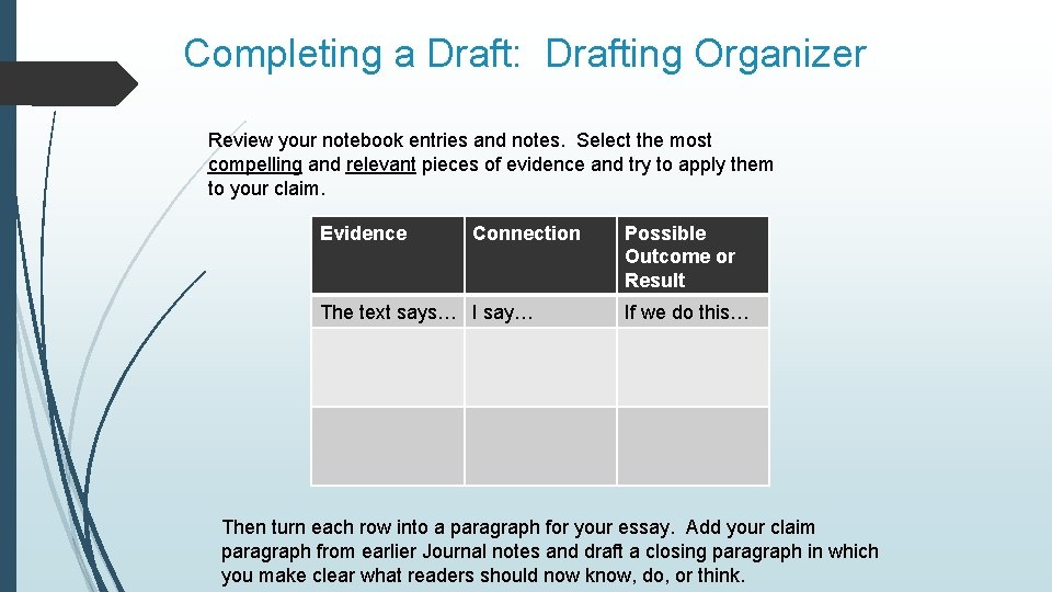 Completing a Draft: Drafting Organizer Review your notebook entries and notes. Select the most