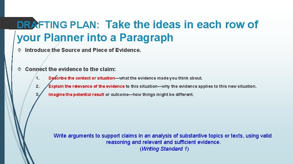 DRAFTING PLAN: Take the ideas in each row of your Planner into a Paragraph