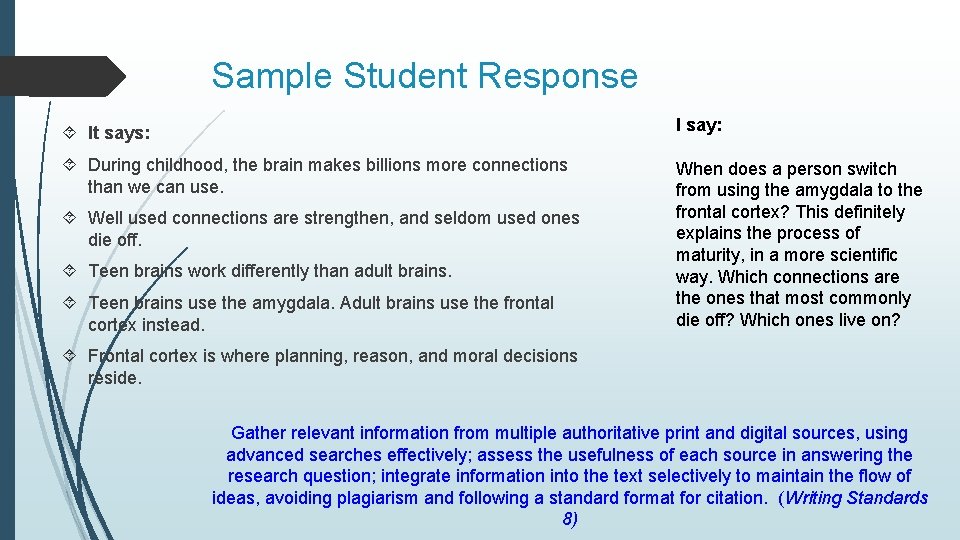 Sample Student Response It says: I say: During childhood, the brain makes billions more