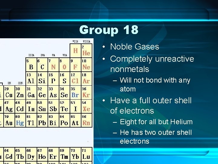 Group 18 • Noble Gases • Completely unreactive nonmetals – Will not bond with