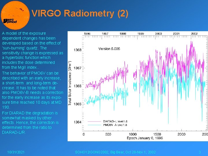 VIRGO Radiometry (2) A model of the exposure dependent changes has been developed based