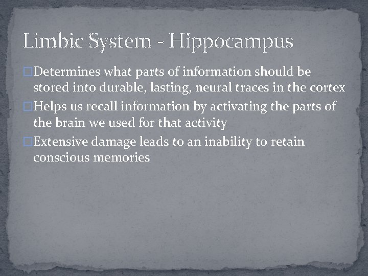 Limbic System - Hippocampus �Determines what parts of information should be stored into durable,