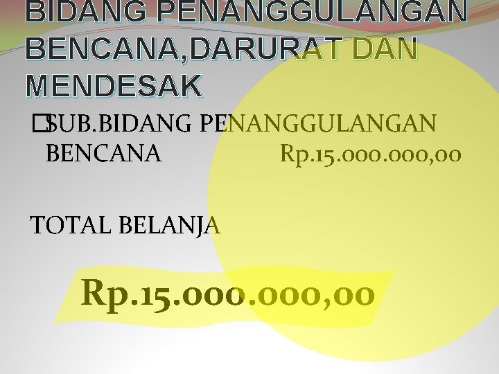 BIDANG PENANGGULANGAN BENCANA, DARURAT DAN MENDESAK �SUB. BIDANG PENANGGULANGAN BENCANA Rp. 15. 000, 00