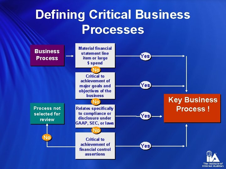Defining Critical Business Processes Business Process Material financial statement line item or large $