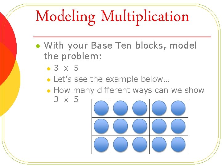 Modeling Multiplication l With your Base Ten blocks, model the problem: l l l