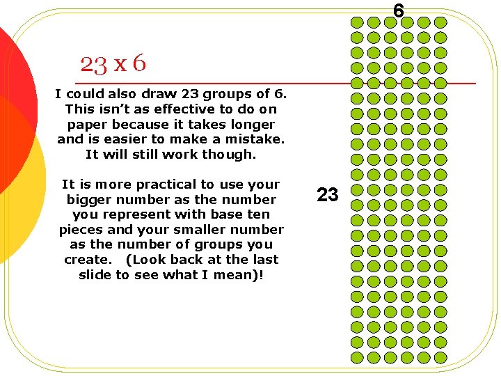 6 23 x 6 I could also draw 23 groups of 6. This isn’t