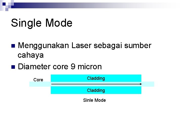 Single Mode Menggunakan Laser sebagai sumber cahaya n Diameter core 9 micron n Core