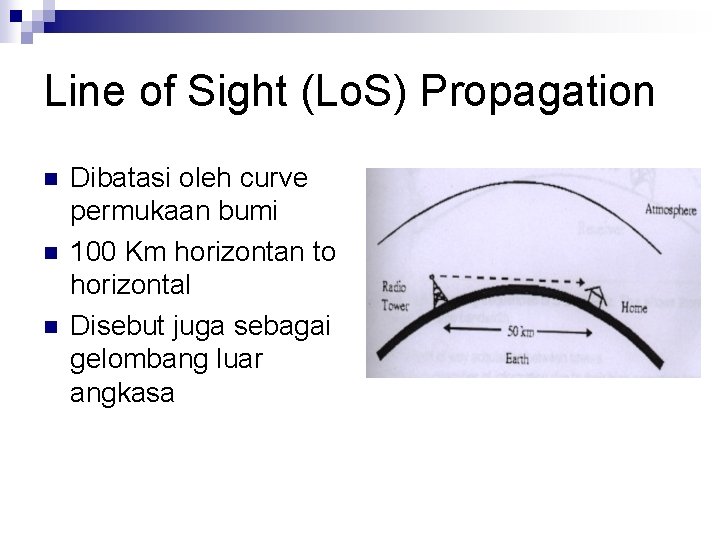 Line of Sight (Lo. S) Propagation n Dibatasi oleh curve permukaan bumi 100 Km