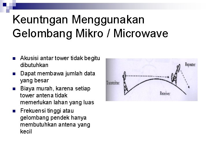 Keuntngan Menggunakan Gelombang Mikro / Microwave n n Akusisi antar tower tidak begitu dibutuhkan