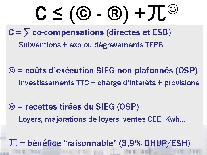 C ≤ (© - ®) +兀 C = ∑ co-compensations (directes et ESB) Subventions