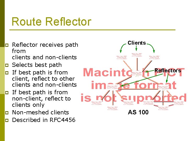 Route Reflector p p p Reflector receives path from clients and non-clients Selects best