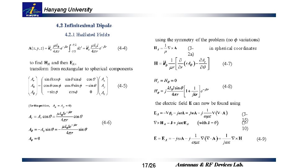 Hanyang University 4. 2 Infinitesimal Dipole 4. 2. 1 Radiated Fields (4 -4) (32