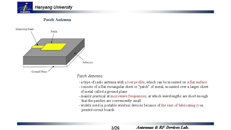 Hanyang University Patch Antenna - a type of radio antenna with a low profile,
