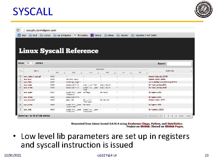 SYSCALL • Low level lib parameters are set up in registers and syscall instruction