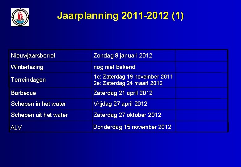 Jaarplanning 2011 -2012 (1) Nieuwjaarsborrel Zondag 8 januari 2012 Winterlezing nog niet bekend Terreindagen