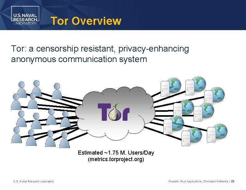 Tor Overview Tor: a censorship resistant, privacy-enhancing anonymous communication system Estimated ~1. 75 M.