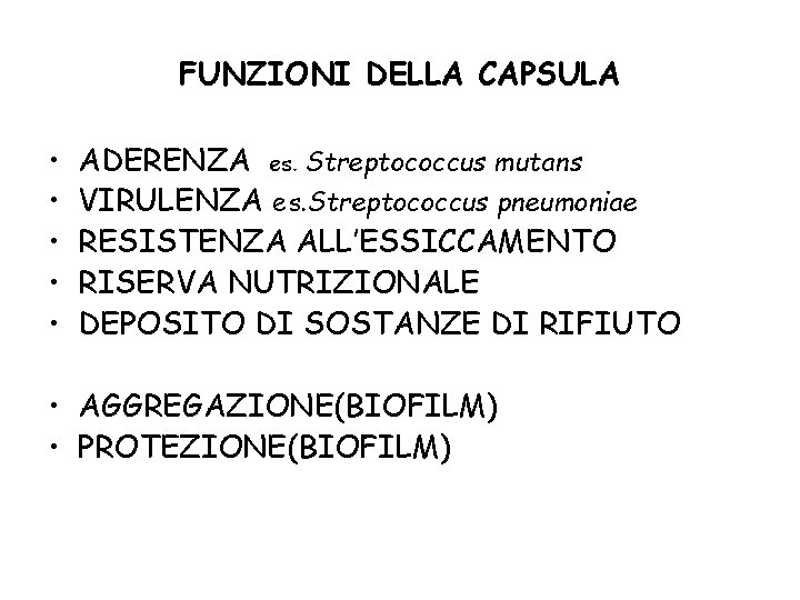 FUNZIONI DELLA CAPSULA • • • ADERENZA es. Streptococcus mutans VIRULENZA es. Streptococcus pneumoniae
