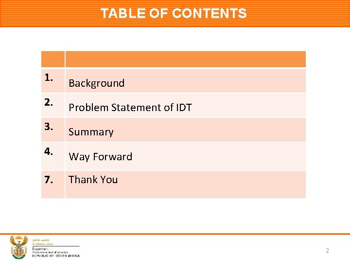 TABLE OF CONTENTS 1. Background 2. Problem Statement of IDT 3. Summary 4. Way