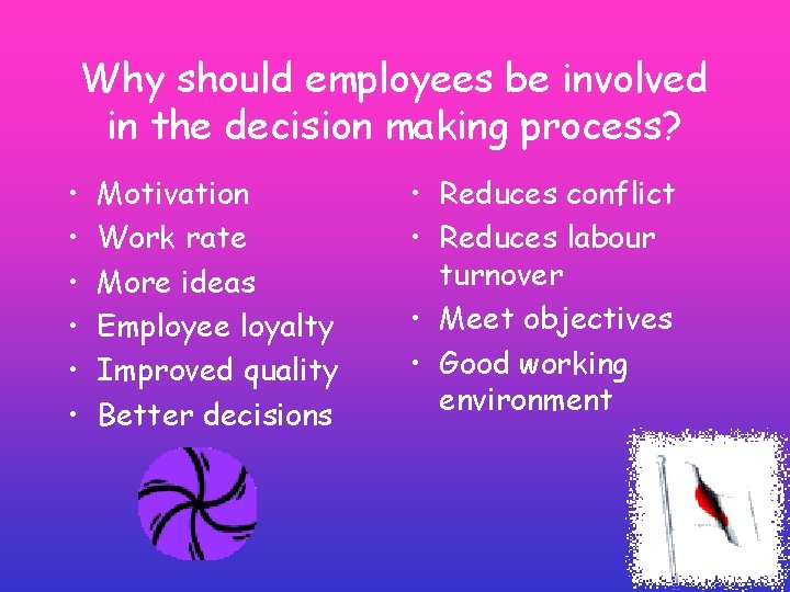 Why should employees be involved in the decision making process? • • • Motivation Why should employees be involved in the decision making process? • • • Motivation