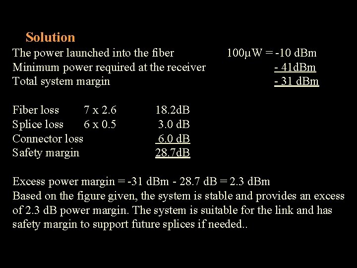 Solution The power launched into the fiber Minimum power required at the receiver Total Solution The power launched into the fiber Minimum power required at the receiver Total
