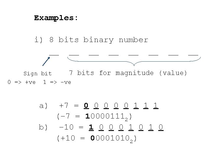 Examples: i) 8 bits binary number __ __ __ 7 Sign bit 0 =>