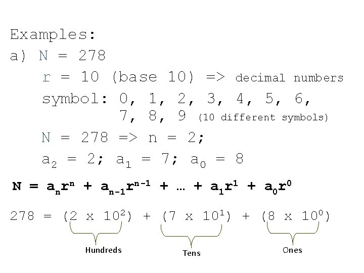 Examples: a) N = 278 r = 10 (base 10) => decimal numbers symbol: