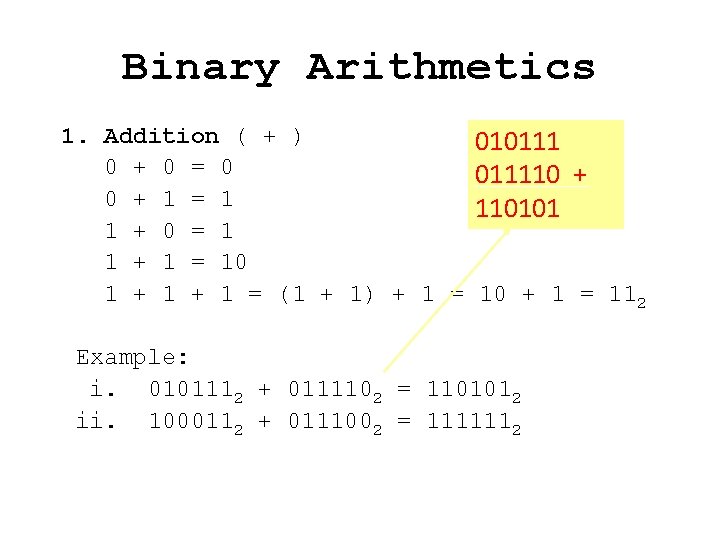 Binary Arithmetics 1. Addition ( + ) 0 + 0 = 0 0 +