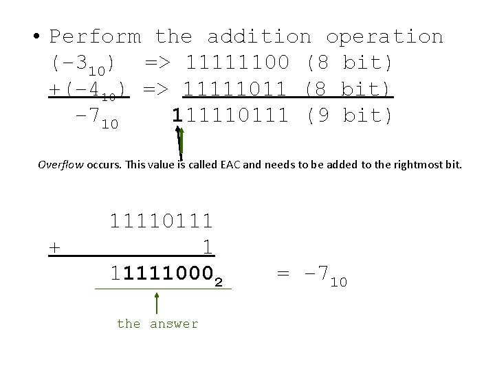  • Perform the addition operation (– 310) => 11111100 (8 bit) +(– 410)