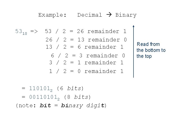 Example: 5310 => Decimal Binary 53 / 2 = 26 remainder 1 26 /