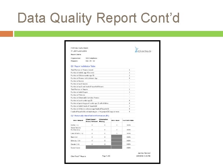 Data Quality Report Cont’d 