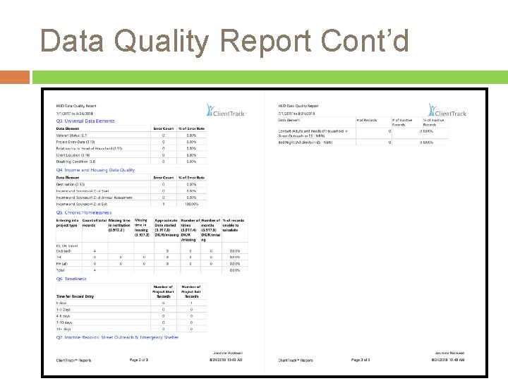 Data Quality Report Cont’d 