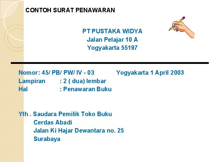 CONTOH SURAT PENAWARAN PT PUSTAKA WIDYA Jalan Pelajar 10 A Yogyakarta 55197 Nomor: 45/