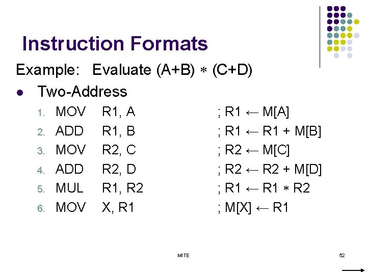 Instruction Formats Example: Evaluate (A+B) (C+D) l Two-Address 1. 2. 3. 4. 5. 6.