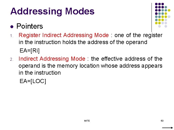 Addressing Modes l 1. 2. Pointers Register Indirect Addressing Mode : one of the